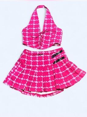 like an angel Pink Houndstooth Lace-Up Halter Top